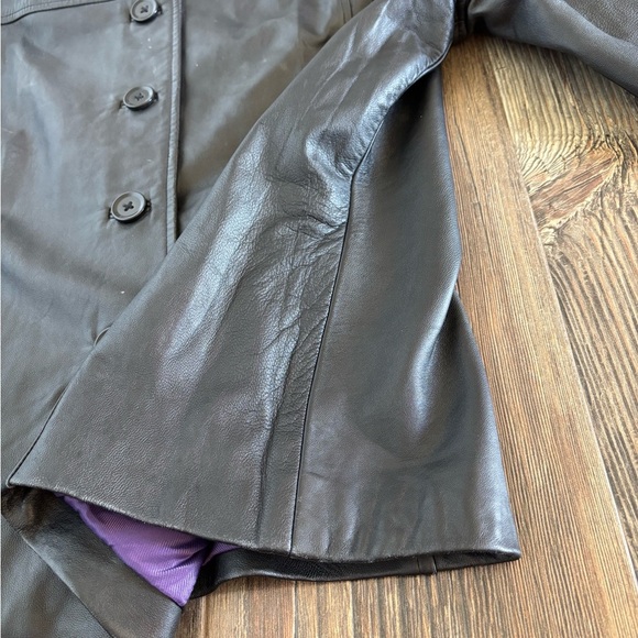 J.G. Hook Black Leather Jacket Womens Lg Button Front Purple Lined Classic Chic - Picture 13 of 15